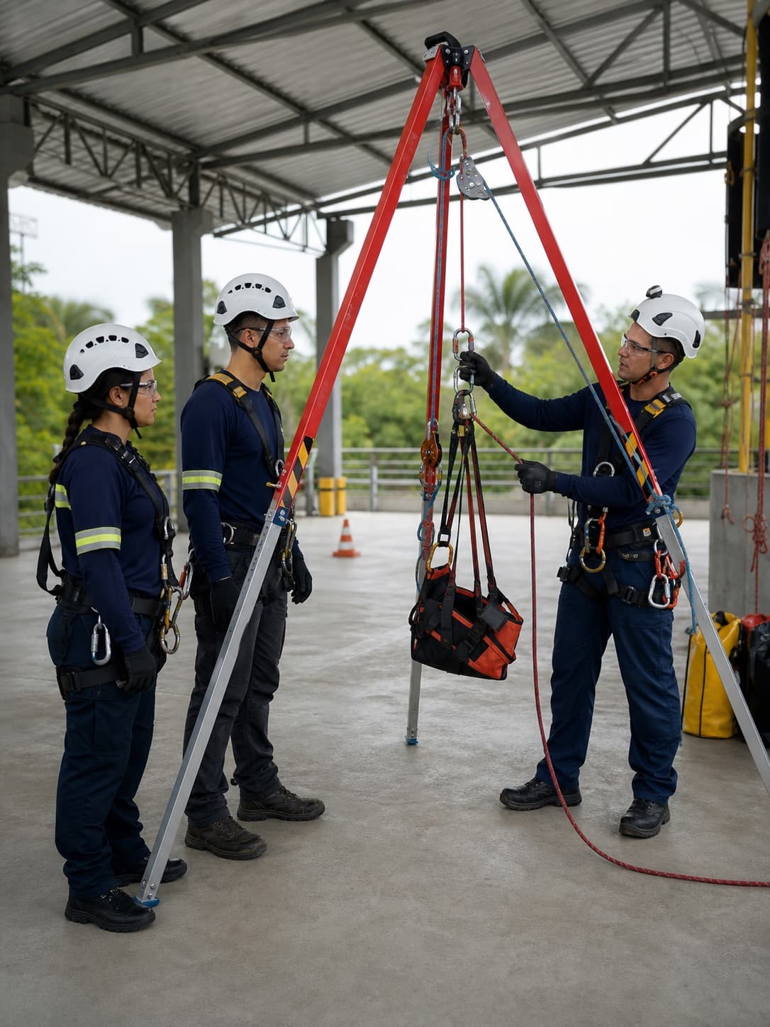 Profissionais em capacitação prática de resgate e trabalho em altura